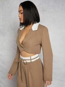 SHEIN Unity Blazer Corto Con Botones Y Solapa De Contraste - Caqui - Ver 5