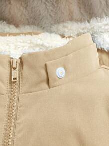 Baby Boy Patched Detail Hooded Thermal Lined Padded Coat - Khaki - View 5
