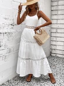 Chiquease Women Summer Solid Color Splice Lace Cami Dress - White - View 6