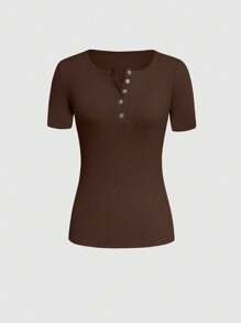 INAWLY Women Solid Color Ribbed Round Neck Short Sleeve T-Shirt - Brown - View 4
