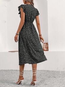 Breezaya Holiday Leisure Mini Floral Dress With Ruffle Hem And Front Buttons - Black - View 2