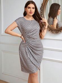 SHEIN Clasi Plus Printed Asymmetrical Hem With Gathered Waist Design Dress, Summer