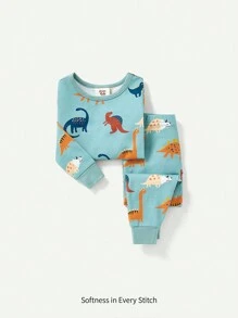 Cozy Pixies Bộ Đồ Ngủ Ôm Vừa Vặn Cho Bé Trai, Áo Cổ Tròn Và Quần Dài In Hình Động Vật Hoạt Hình, 2 Cái/bộ - màu xanh lá - Xem 1