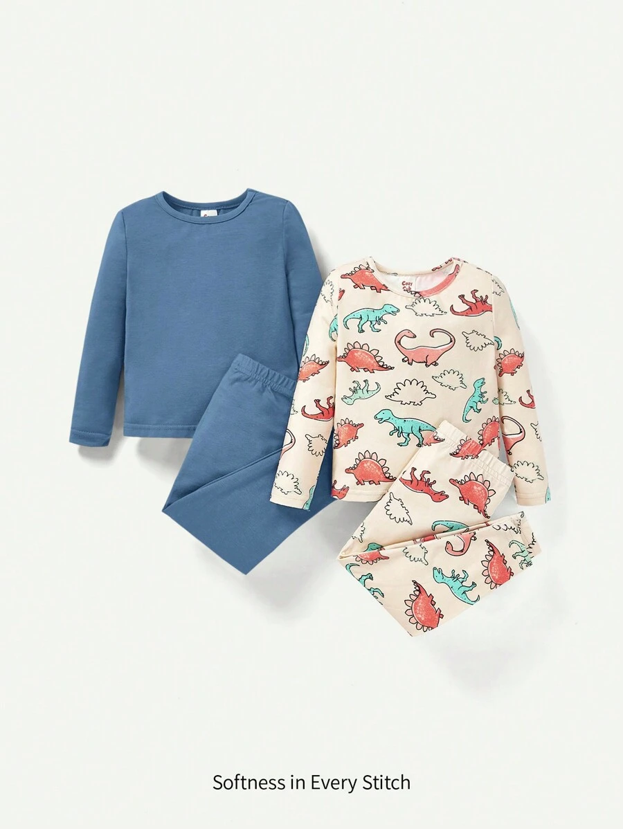 Cozy Pixies Baby Boy Snug Fit Pajama Set, 4pcs Cartoon Dinosaur Printed Round Neck Top And Long Bottoms - Blue - View 1