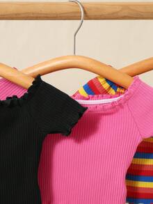 可愛女嬰 3 件/套彩色條紋一字肩上衣 - 黑與白 - 查看 5