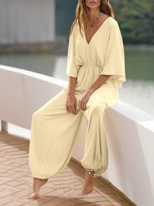 Bộ đồ liền thân bó sát eo rộng cổ chữ V màu trơn, phong cách tối giản cho mùa xuân/hè - Màu be - Xem 1