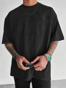 男士标语印花圆领休闲通勤T恤 - 黑色 - 查看 2