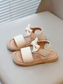 1 Pair Summer New Girls Beige Soft Sole Bowknot Flat Sandals - Beige - View 3