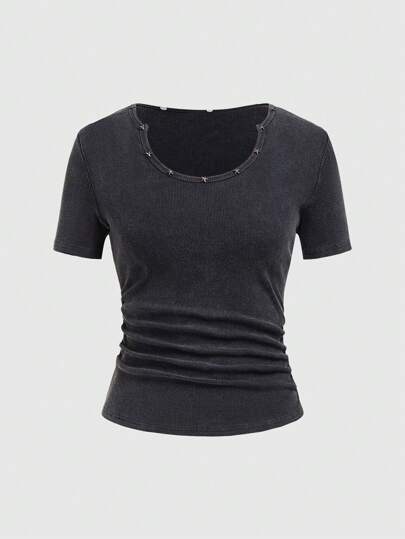 ROMWE Avant Women Star Decorated Ribbed Slim Fit Short-Sleeve Summer T-Shirt, School