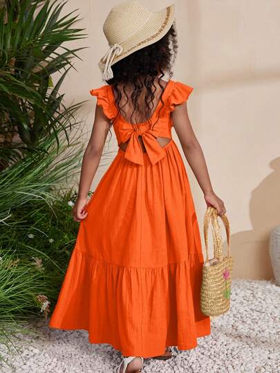 SHEIN Leap Crew Ung flicka Chiccola musikfestival vävd enfärgad fyrkantig hals ärmlös klänning