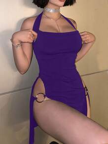 Zolique 女士性感纯色侧圆环装饰高侧开衩露背连衣裙夏季迷你短款女装