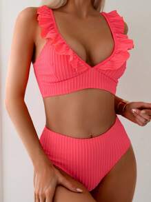 SHEIN Swim Women Summer Beach Fashionable Bikini Set With Ruffle Trim - Watermelon Pink - View 4