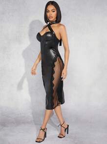 Hauture Women'S Mesh Contrast Pu Leather Halterneck Dress - Black - View 5