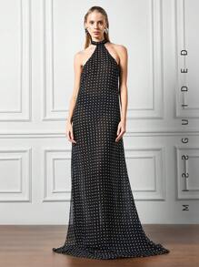 MISSGUIDED Vestido largo de gasa con lunares y escote de cuello halter - Negro - Ver 1