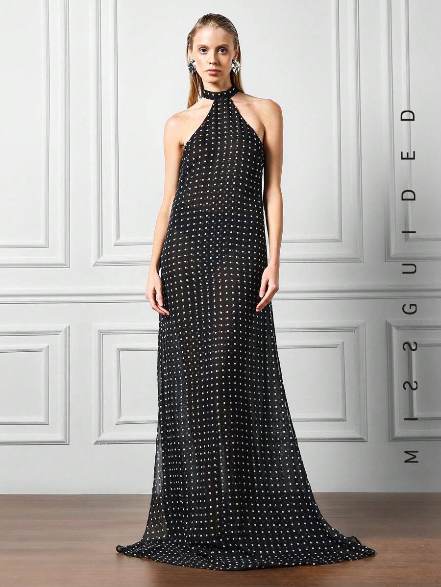 MISSGUIDED Vestido largo de gasa con lunares y escote de cuello halter - Negro - Ver 1