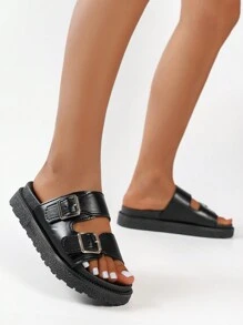 Women Summer Wedge Heel Platform Open Toe Sandals - Black - View 2