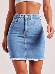 Tight-Fitting Pencil Denim Skirt With Frayed Hem