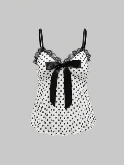 Kawaii Women Himekaji Summer Casual Polka Dot Print Lace Trim Bowknot Decorated Babydoll Cami Top, School