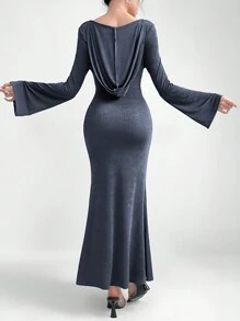Mulvari Women Long Dress With Swing Neckline Design And Bell Sleeves