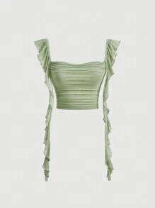 SHEIN MOD Plus Size Green Ruffle Trim Smocked Cami Top With Shoulder Straps - Green - View 1