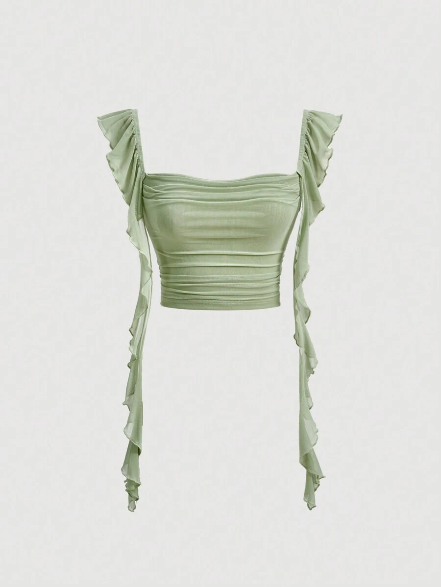 SHEIN MOD Plus Size Green Ruffle Trim Smocked Cami Top With Shoulder Straps - Green - View 1