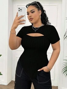 SHEIN EZwear Fashionable Plus Size Women Summer Hollow Out Ribbed Tight Short Sleeved T-Shirt With Asymmetric Hem - Black - View 4