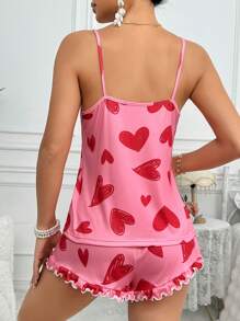 Women's Heart Pattern Camisole Top And Shorts Pajama Set Holiday Season - Red - View 2