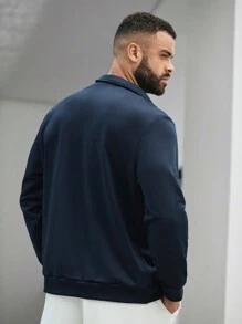 Manfinity Homme Áo nỉ chui đầu cỡ lớn dành cho nam, kiểu dáng thường ngày, có khóa kéo nửa thân và in chữ. - Màu xanh hải quân - Xem 2