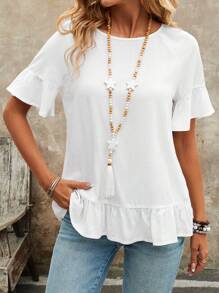 EMERY ROSE Camicia estiva casual a maniche corte con scollo a giro e orlo a volant