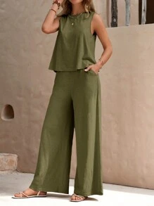Faunlyn Women Summer Solid Color Round Neck Vest And Elastic Waist Wide Leg Pants Casual Two Pieces Set With Pockets - Army Green - View 3