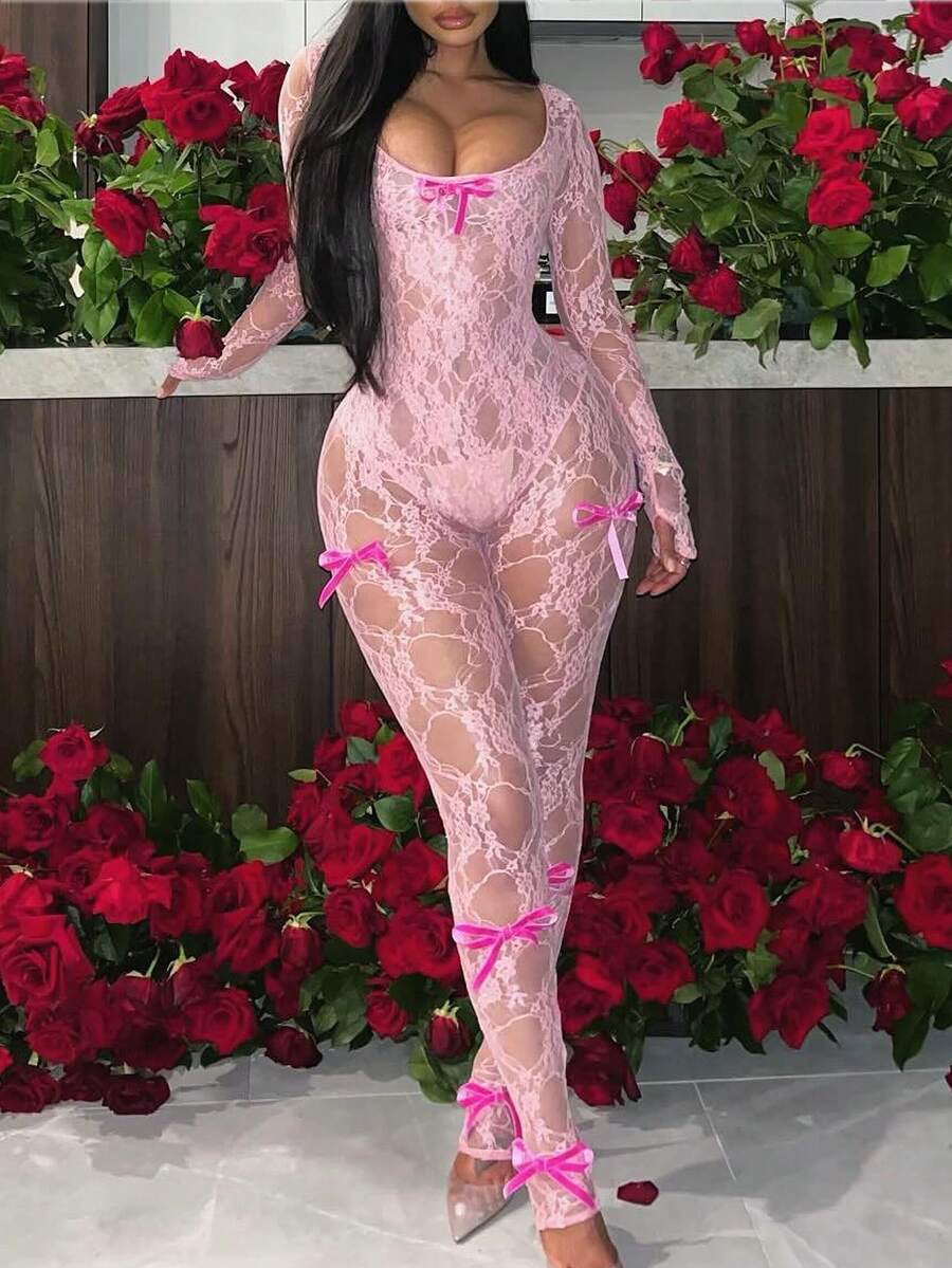 Mono básico para fiestas y salidas, con mangas largas, lazo, transparencias y encaje rosa para mujer, estilo romántico y vacacional - Rosa - Ver 1