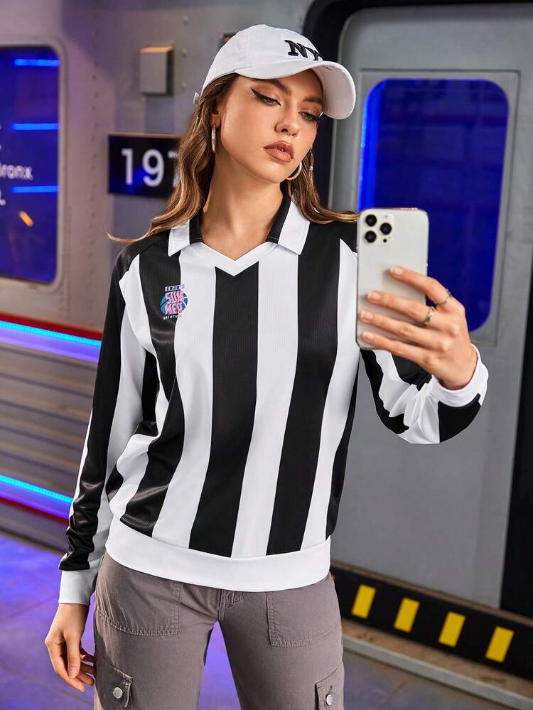 Women 1pc Striped Colorblock Polo Shirt With Printed Letters And Raglan Sleeve Sleeves