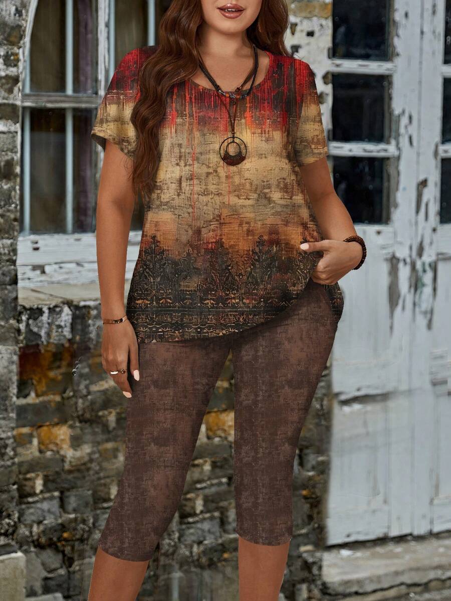 EMERY ROSE Sommerliche, lässige Retro T-Shirt Top und schmale 7/8 Leggings Set, Damem 2 Stücke Outfit in großen Größen