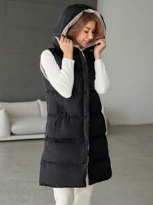 RueChic Zip Up Drawstring Hooded Puffer Vest Coat - Black - View 5