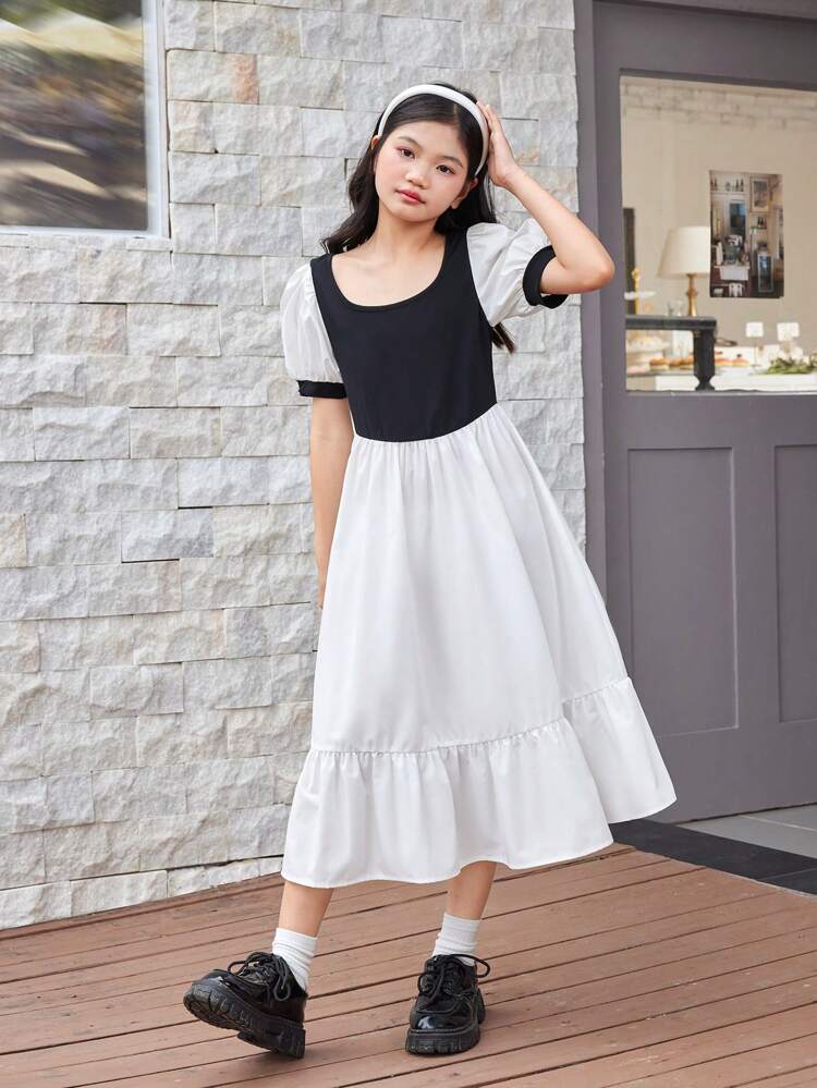 Tween Girl Loose Casual Color Block Bubble Sleeve Midi Dress