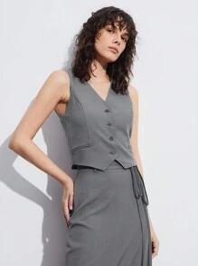 BizChic Ensemble jupe mi-longue et gilet à col V élégant et boutonnage simple pour femmes. Style romantique, polyvalent, décontracté chic, convenant pour les trajets quotidiens, le style vintage, la tenue de bureau, l'uniforme d'enseignant