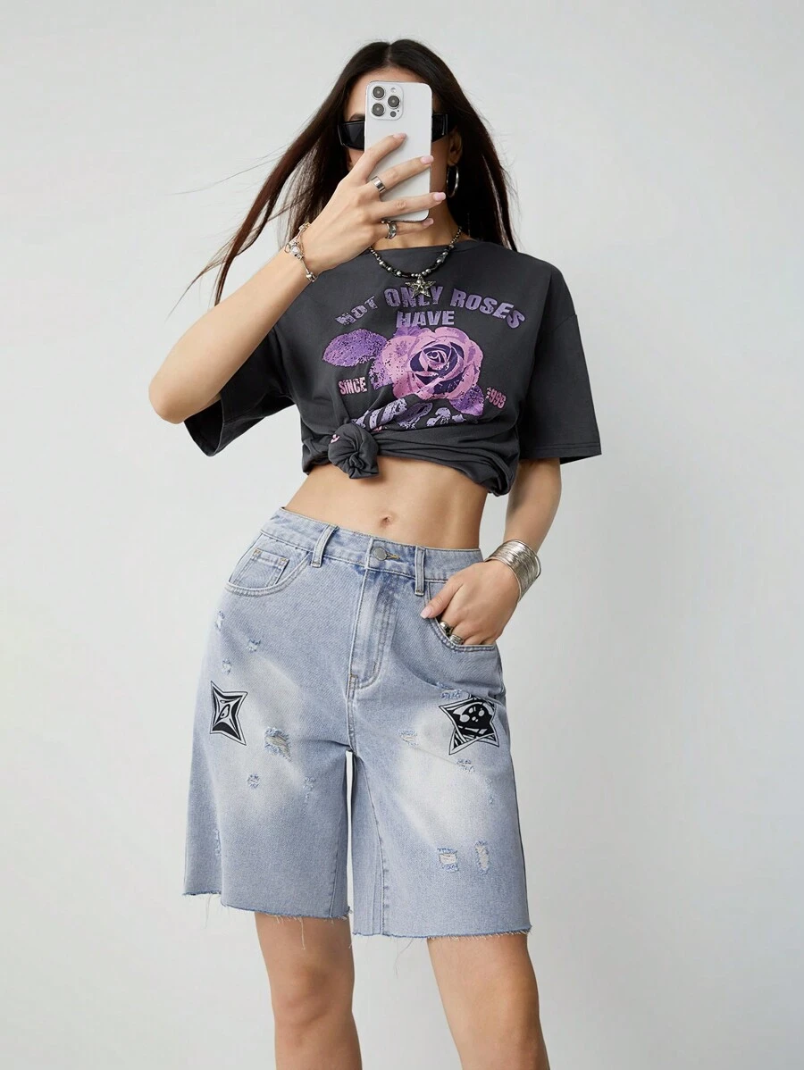 SHEINNeu Women Waterwashed Star Print Ripped Frayed Hem Loose Fit Straight Summer Denim Shorts - Blue - View 1