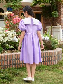 SHEIN Tween Girl Loose Casual Color-Block Embroidered Big Lapel Puff Sleeve Dress