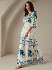Anewsta Vintage Floral Print Women Deep V Neck Satin A-Line Dress With Fit And Flare Design And Bell Sleeves - Blue and White - View 5
