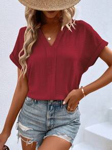 SHEIN LUNE Áo sơ mi nữ cổ chữ V màu trơn đơn giản có nếp nhăn ngẫu nhiên - Màu Đỏ Sâu - Xem 4