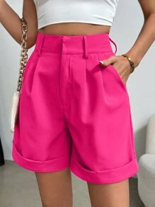 Chiquease Quần short lưng cao màu trơn thời trang dành cho nữ - Màu Hồng Tươi - Xem 6