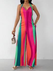 Lyxana Women Colorblock Halter Wide-Leg Jumpsuit With Belt Summer Vacation
