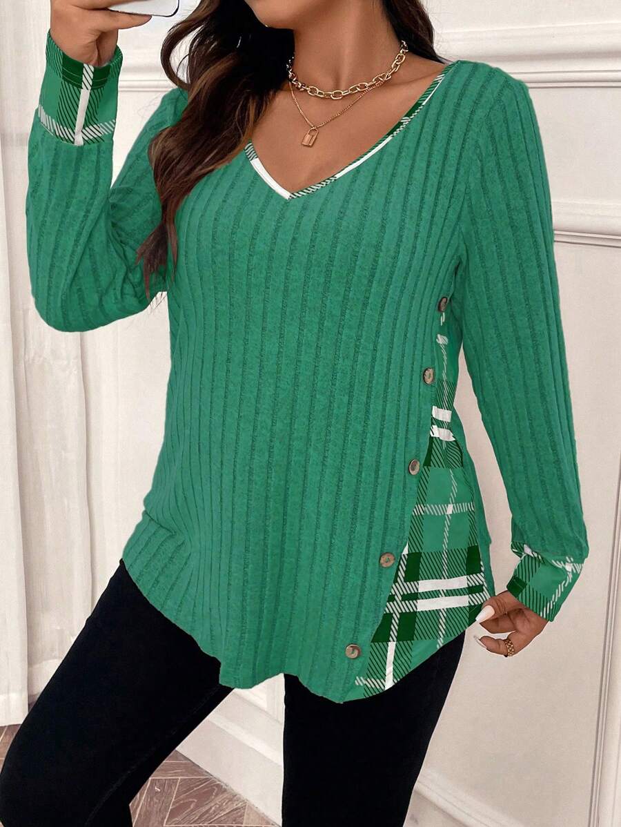 SHEIN LUNE Plus Size Kẻ sọc chắp vá Áo thun dệt kim dài tay đơn giản hàng ngày - Màu xanh Bạc hà - Xem 1