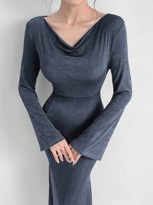 Mulvari Women Long Dress With Swing Neckline Design And Bell Sleeves