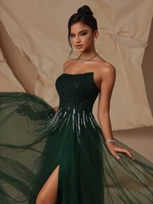 Thời trang nữ VIPGIRL Váy dạ hội thanh lịch bằng vải tuyn không dây, Váy dự tiệc cưới trang trọng, Dự tiệc tốt nghiệp, Tiệc tối - Màu xanh lá cây đậm - Xem 8