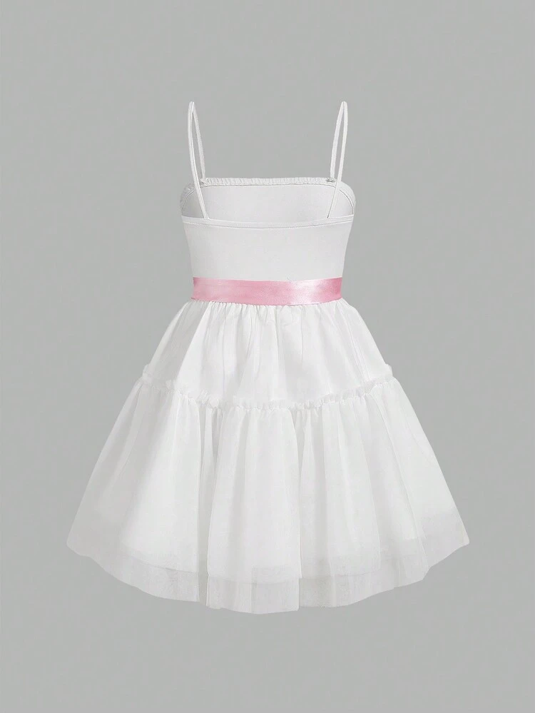 Summer Bow Detail Embellished Splicing Mesh Ruffle Hem A-Line Spaghetti Strap Dress