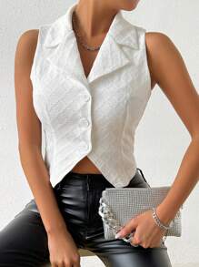 Chiquease Women Fashionable Textured Button-Front Solid Color Sleeveless Blazer - White - View 1