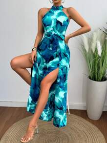 Breezaya 女士色澤斑斕雲紋領露肩無袖連身褲 - 藍色 - 查看 6