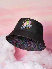 SHEIN X Care Bears Cartoon Bear Pattern Double-Sided Sun Protection Daily Stylish Black Bucket Hat - Black - View 1