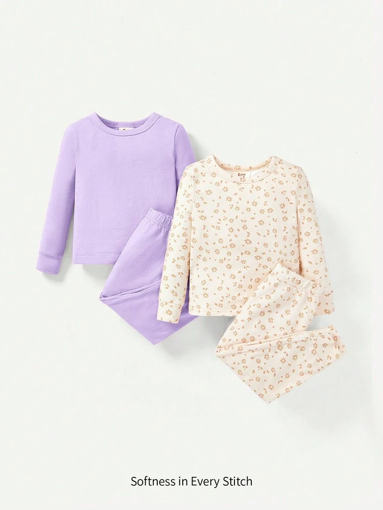 Baby Girl Snug Fit Pajama Set With Floral Pattern Round Neck Long-Sleeved Top And Jogger Pants Matching Set
